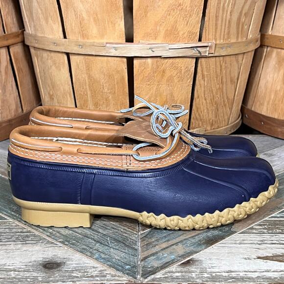 L.L. Bean Navy Tan Leather Rubber Mocs USA Waterproof Bean Booties Women Size 10 - Picture 1 of 12